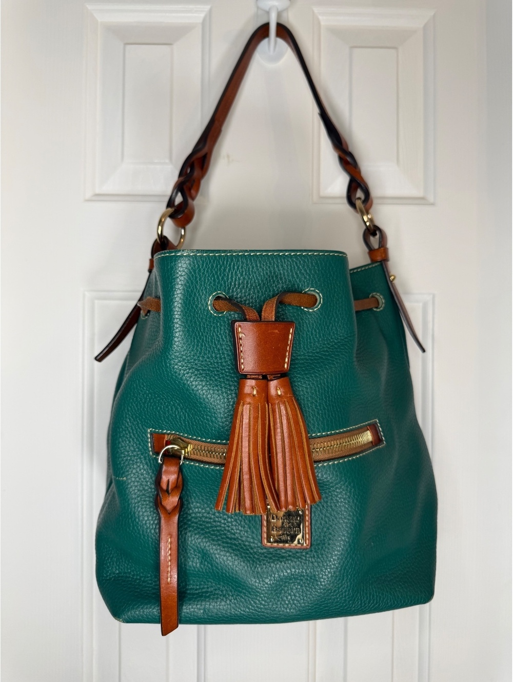 Dooney & Bourke Green Pebbled Leather Drawstring Bucket Bag Tassel Front Zip
